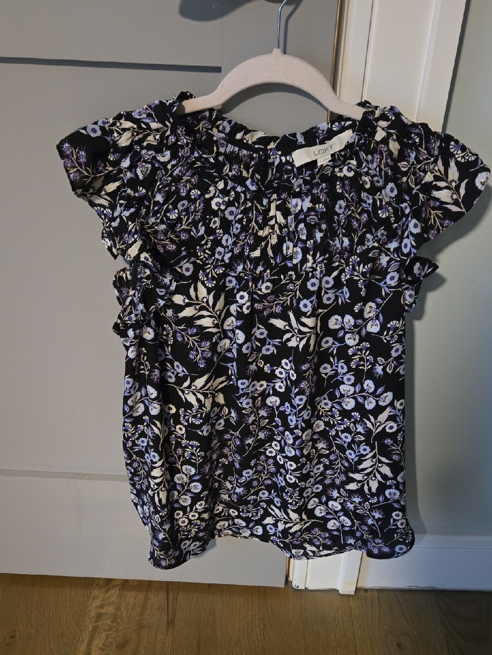 LOFT Black Floral Flutter-Sleeve Blouse